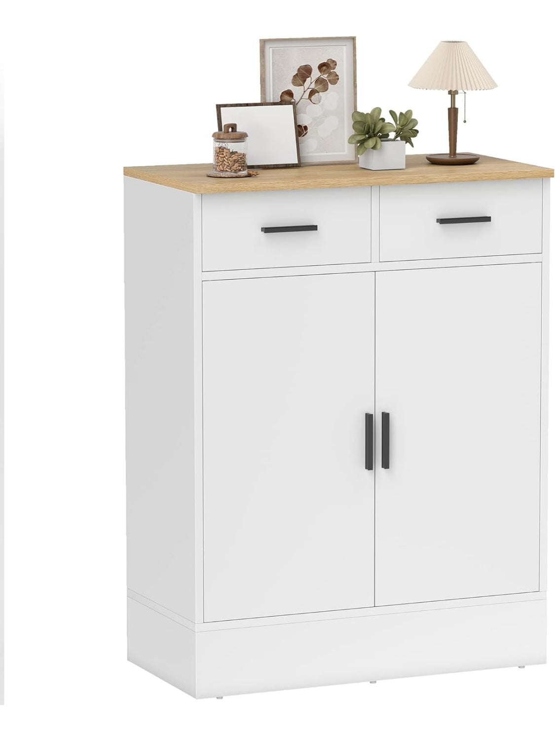 Aparador compacto con dos puertas dos cajones y combinacion de acabado natural y blanco
