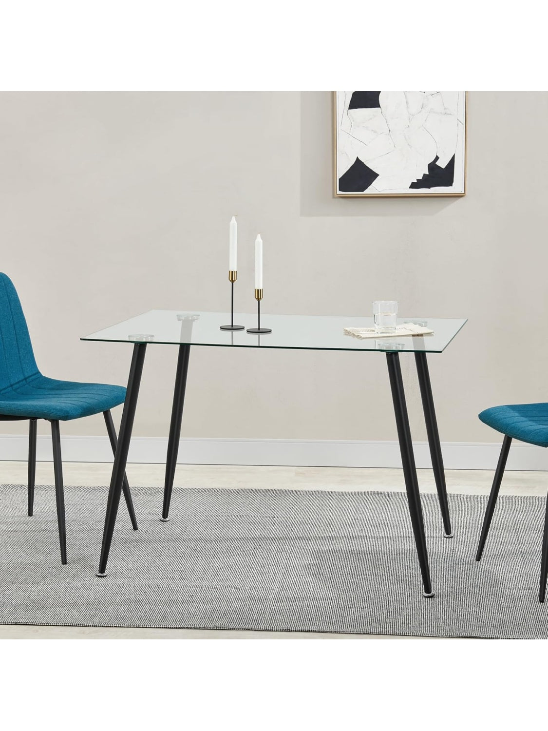 Mesa de comedor de cristal para cuatro personas con estructura metalica adaptable a cocina oficina o estudio