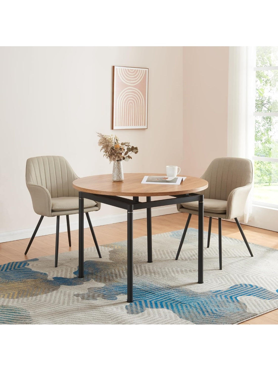 Mesa redonda de comedor para cuatro personas con tablero MDF y patas metalicas modernas